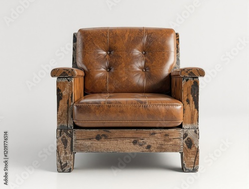 Distressed and vintage-inspired genuine leather upholstery on a reclaimed wood chair, bohemian vibe., reclaimed wood, old leather