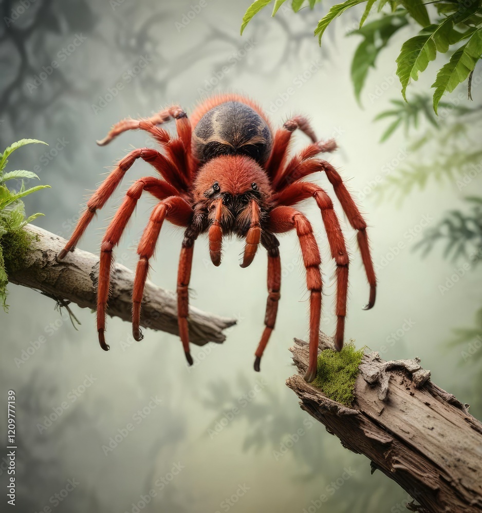 Dynamic watercolor composition of a red tarantula crawling on a branch, composition, dynamic, branch Dynamic watercolor composition of a red tarantula crawling on a branch, composition, dynamic, branch