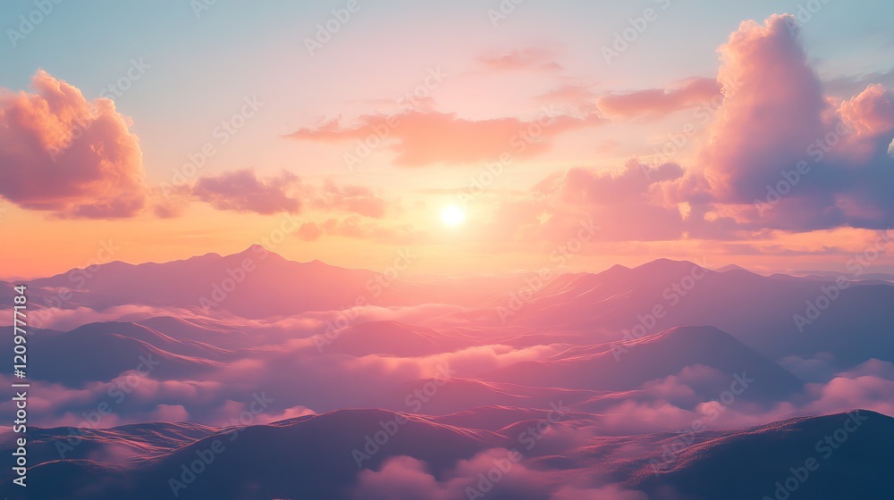 Obraz premium Beautiful sunrise over serene hills with soft clouds and golden light