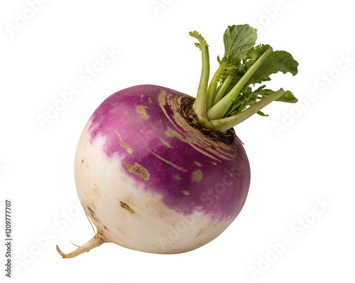 Close-up of a rutabaga root vegetable isolated on a transparent white background, cutout style, emphasizing its round shape and rich color for use in food design, nutrition, and recipe contexts