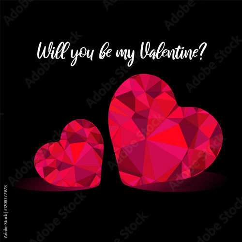 Faceted low poly heart shapes in vivid shades of red and pink creating a geometric gemstone effect. Minimalistic design  emphasizing modernity and elegance. Perfect for Valentine's Day-themed graphics