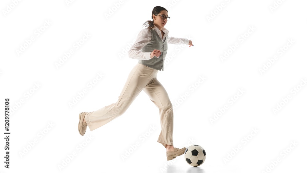 Fototapeta premium Woman kicks soccer ball mid-air with elegance and precision, representing balance and goal-oriented drive against white studio background. Concept of business agility, leadership, multitasking.