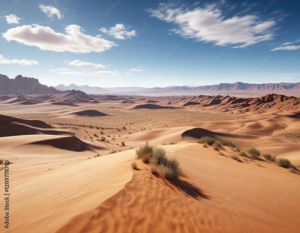 Naklejka premium Expansive desert panorama with rolling hills and blue sky, horizon, desert, scenic