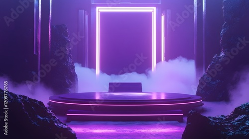 A futuristic podium with a glowing purple background, offering ample space for product display.