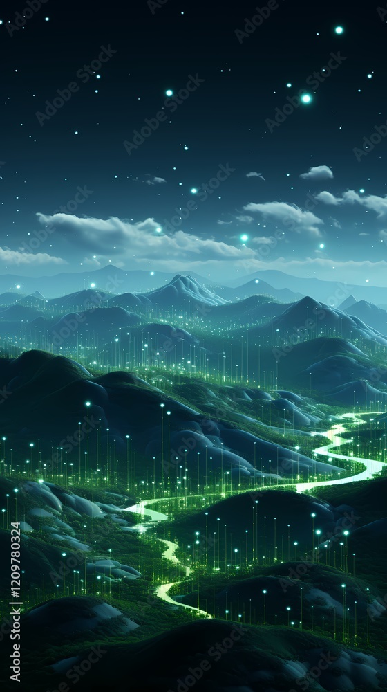 Obraz premium digital technology green glowing city landscape poster background