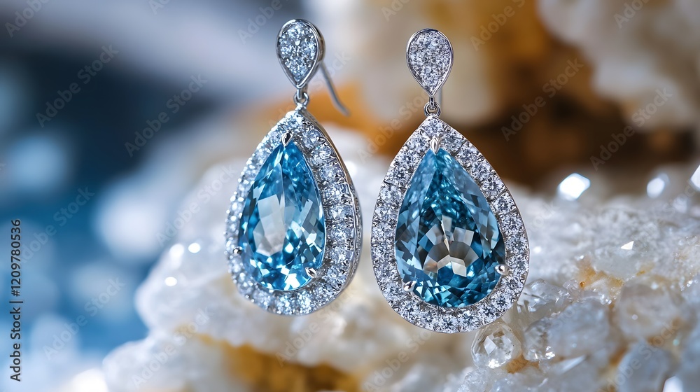 Elegant Blue Gemstone Pear Drop Diamond Earrings on Sparkling Surface Elegant Blue Gemstone Pear Drop Diamond Earrings on Sparkling Surface