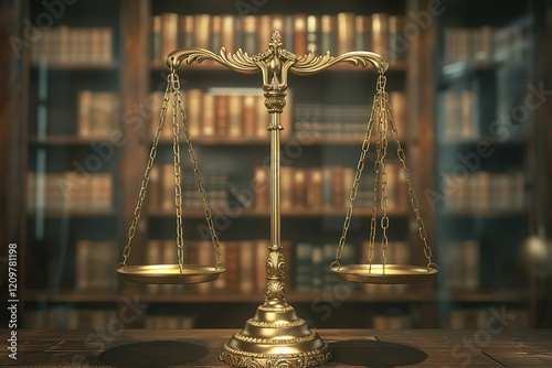 Shiny golden balanced scale in court library background as concept justice and fairness legal symbol. Scale balance for righteous and equality judgment by lawyer and attorney. equility
