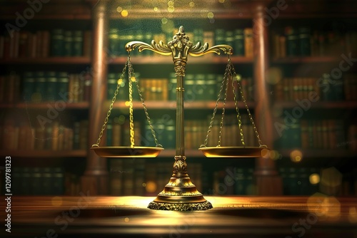 Shiny golden balanced scale in court library background as concept justice and fairness legal symbol. Scale balance for righteous and equality judgment by lawyer and attorney. equility