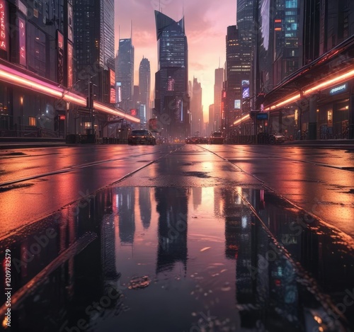 Futuristic cityscape at sunset with towering skyscrapers and neon lights reflecting off the wet pavement,  sunset,  wet pavement,  reflections photo