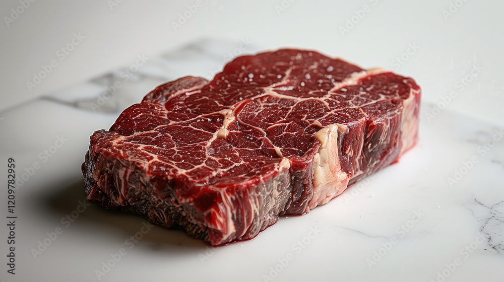 Fototapeta premium A raw beef steak, showcased on a spotless white background, boosting deep-red muscle fibers marbled with ribbons of white fat.