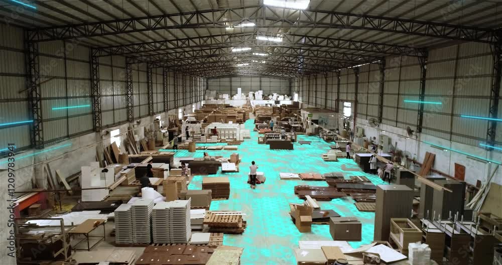 Smart factory workshop. Inside a smart factory. Working in a furniture factory, inside.