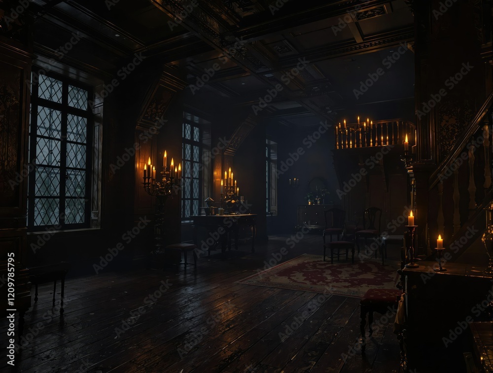 Obraz premium Creepy old house with creaking floorboards and flickering candles, abandoned vehicles., flickering candles, creaking floorboards