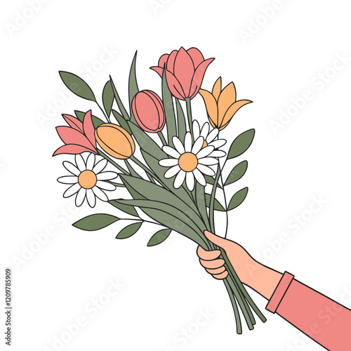 Hand holding bouquet of flowers. Hand drawn illustration.