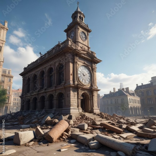 Crumbling city hall with a toppled clock tower , cracked pavement , destruction, debris photo