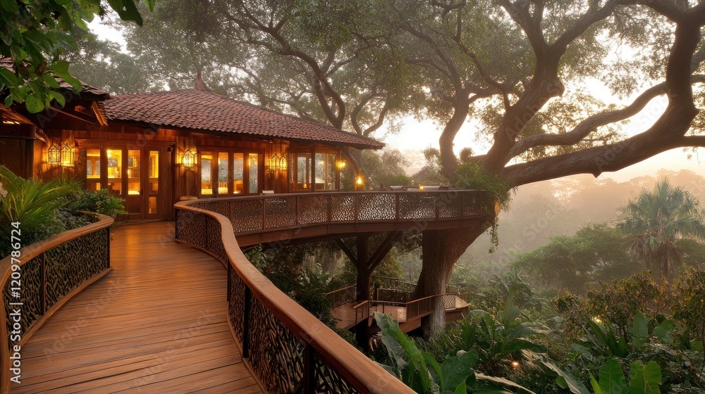 Luxurious treehouse nestled in misty jungle with wooden walkway. Luxurious treehouse nestled in misty jungle with wooden walkway.