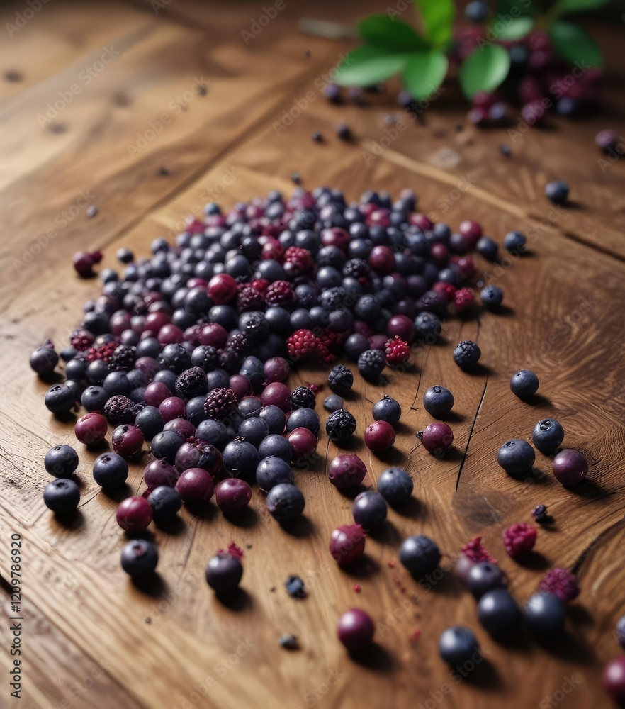 Dark purple berries scattered on a wooden table, blackberries, wooden table, color palette Dark purple berries scattered on a wooden table, blackberries, wooden table, color palette