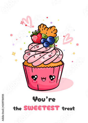 Cute card with hand drawn cupcake character and funny inscription. Vector template for Valentine's Day celebration, print, poster