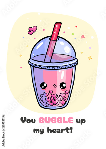 Cute card with hand drawn bubble tea character and funny inscription. Vector template for Valentine's Day celebration, print, poster
