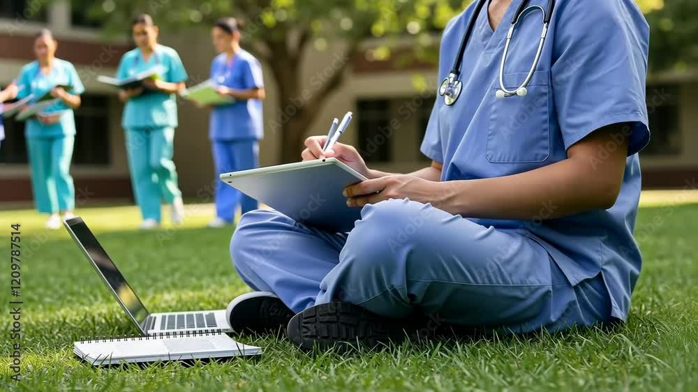 Nurse, notes and laptop with medical students in park for training, study and research. Healthcare, education and team with stethoscope, learning and exam for development or university