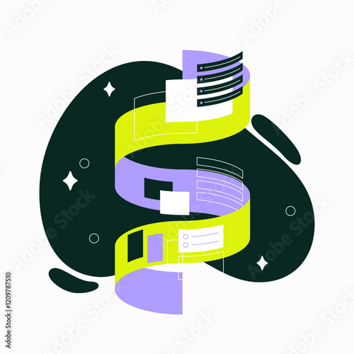 Digital Brain With Ribbon Elements In Flat Vector Illustration Symbolizing Artificial Intelligence, Neural Networks, And Data Processing, Isolated On White Background.