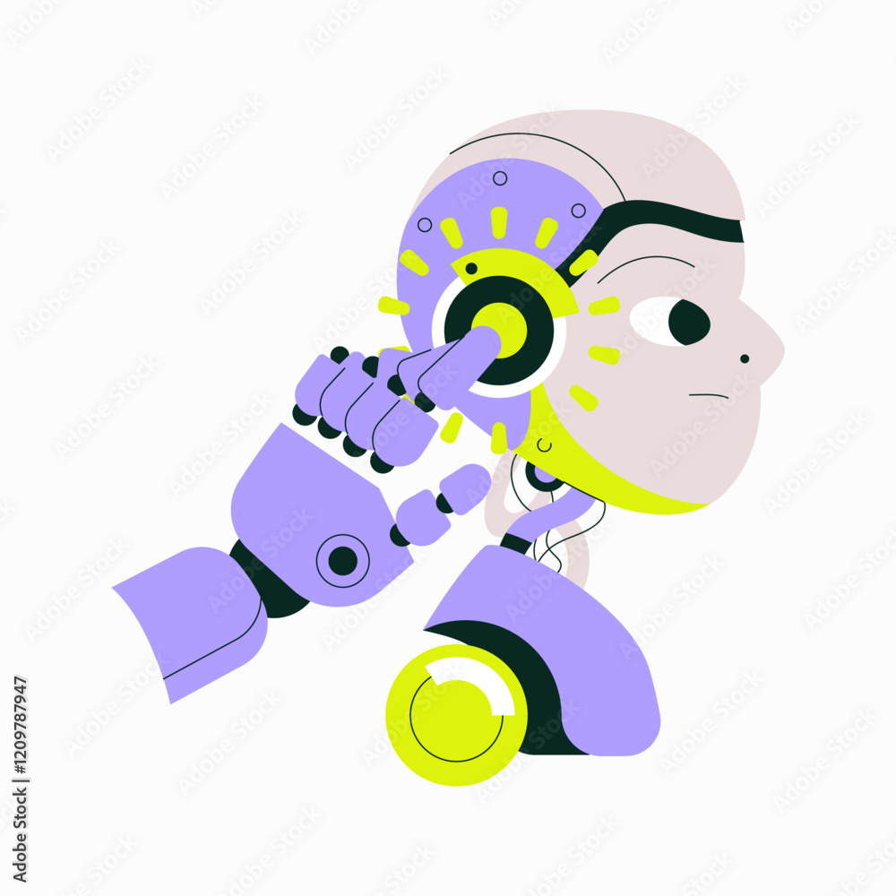 Robot Head With Mechanized Features In Flat Vector Illustration Symbolizing AI, Robotics, And Future Technology, Isolated On White Background Robot Head With Mechanized Features In Flat Vector Illustration Symbolizing AI, Robotics, And Future Technology, Isolated On White Background