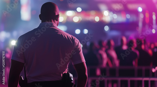 Security Guard Watching Over a Crowded Event at Night with Neon Lighting
