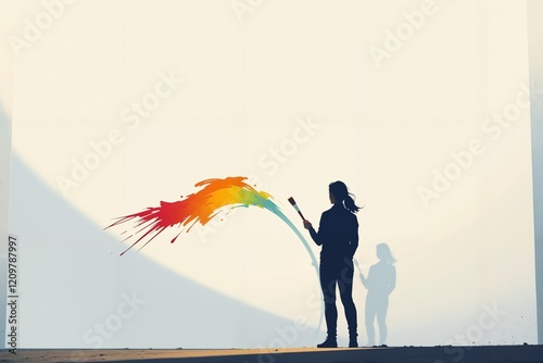 Der Schatten einer Person mit einem Pinsel steht vor einer riesigen leeren Leinwand, auf der erste Farbstreifen sichtbar werden. Die Szene symbolisiert Kreativität und das Potenzial der Fantasie. photo