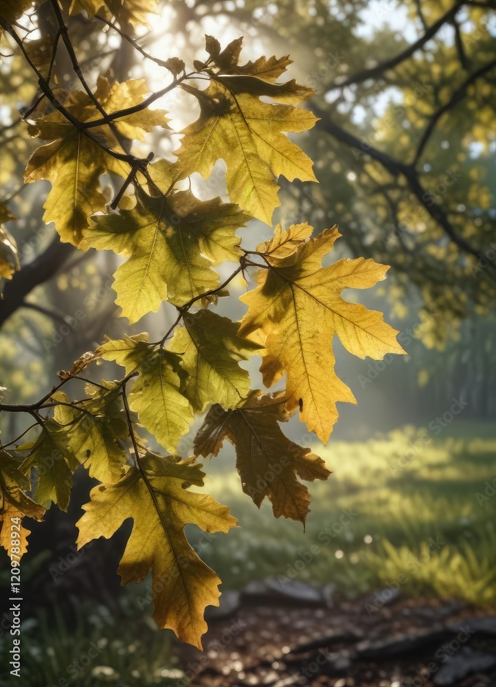 Dew-covered oak tree leaves in the morning sunlight, macro photography, dewy foliage Dew-covered oak tree leaves in the morning sunlight, macro photography, dewy foliage