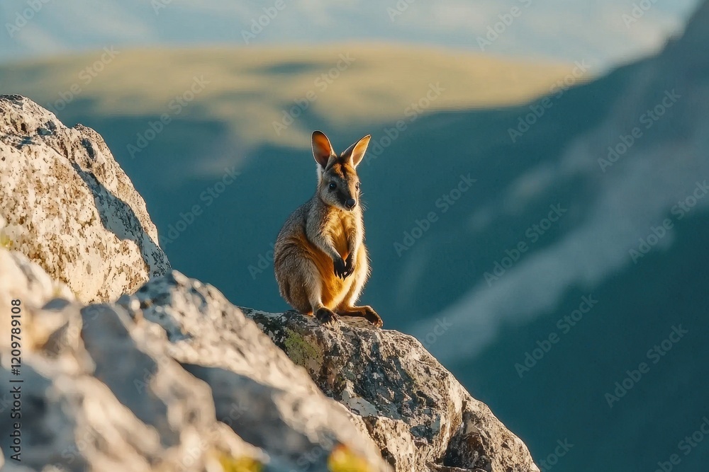 A brush-tailed rock-wallaby perched on a rocky ledge, surveying its mountainous habitat with caution A brush-tailed rock-wallaby perched on a rocky ledge, surveying its mountainous habitat with caution
