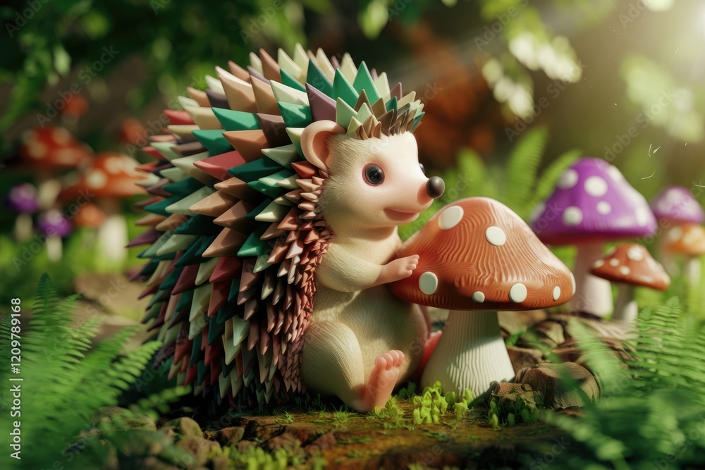 Obraz premium A colorful hedgehog sits beside a mushroom in a whimsical forest setting.