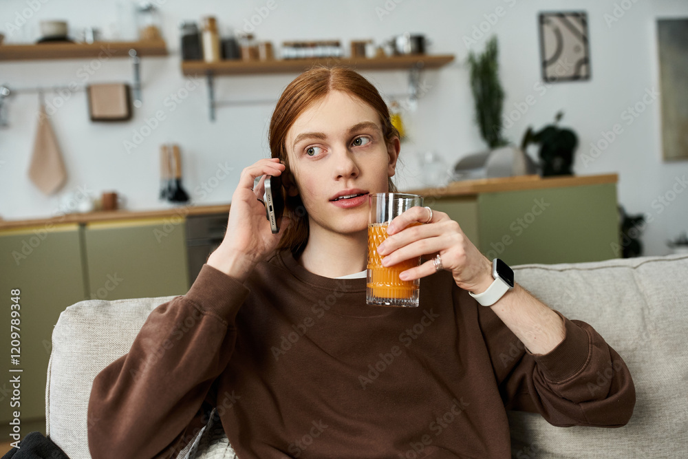 Relaxed young man in a modern apartment speaks on the phone while sipping a drink. Relaxed young man in a modern apartment speaks on the phone while sipping a drink.