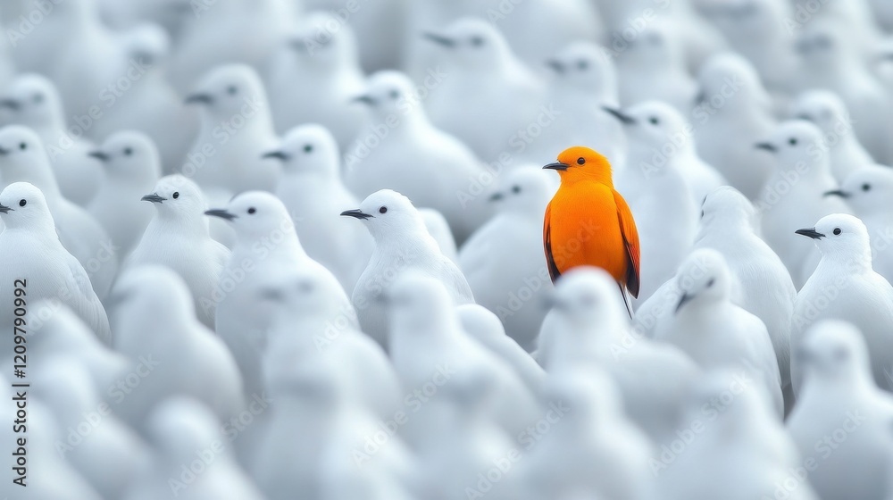 Obraz premium A lone brightly colored bird perched among a flock of white birds