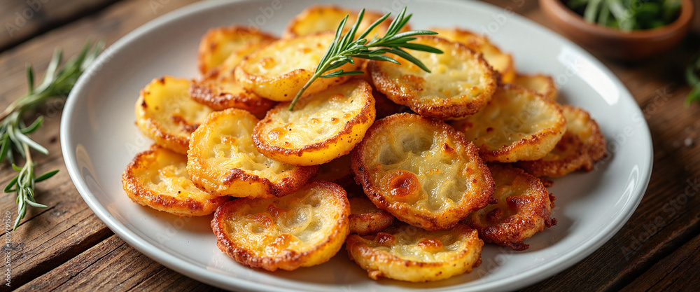 Crispy golden potato slices on wooden table, comfort food delight Crispy golden potato slices on wooden table, comfort food delight
