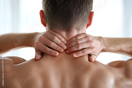 Neck muscle pain in a Caucasian man. Represents discomfort and stiffness in the neck. photo