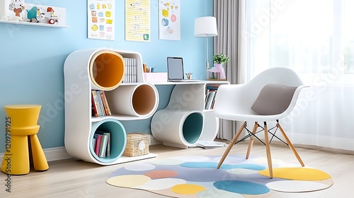 Kids Room Decor  Colorful Desk  Chair   Bookshelves photo