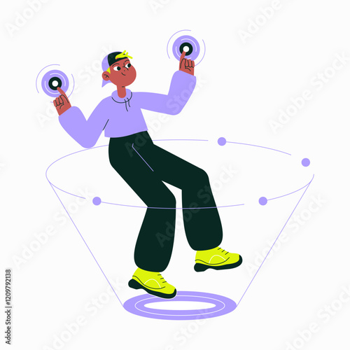 Virtual Reality Experience With Male Character Using Motion Controllers In Flat Vector Illustration Symbolizing Gaming, Technology, And Immersion, Isolated On White Background.