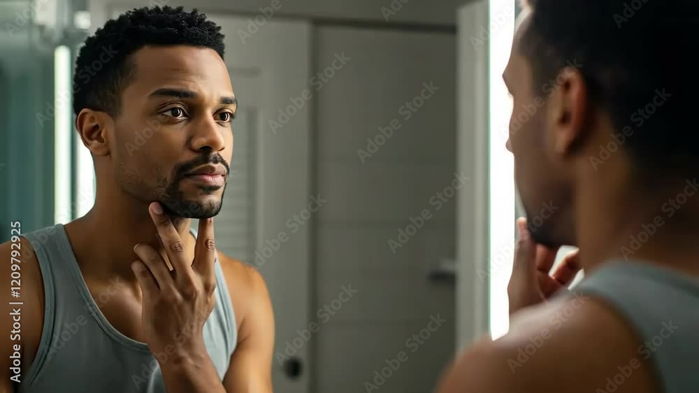 Man, mirror and face for grooming, looking and reflection, skincare concept. African, male and beard for beauty, style and morning, self care Man, mirror and face for grooming, looking and reflection, skincare concept. African, male and beard for beauty, style and morning, self care