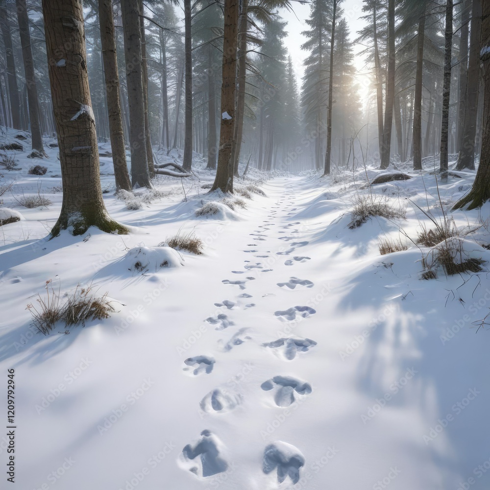 Freshly fallen snow with footprints in the forest, snowy woods, frosty ground Freshly fallen snow with footprints in the forest, snowy woods, frosty ground