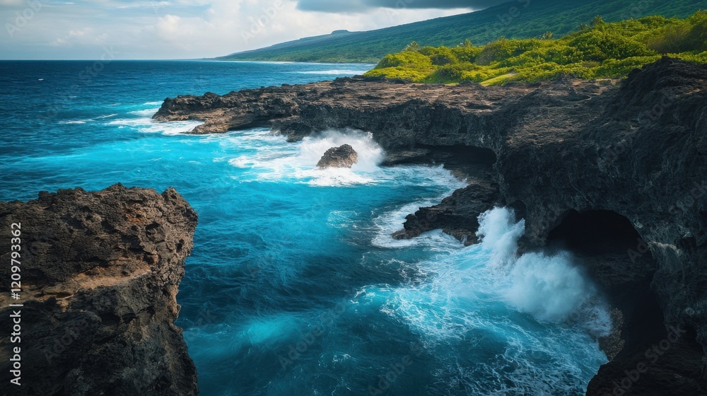 A breathtaking coastline with rugged cliffs and turquoise water, waves crashing dramatically against the rocks. A breathtaking coastline with rugged cliffs and turquoise water, waves crashing dramatically against the rocks.