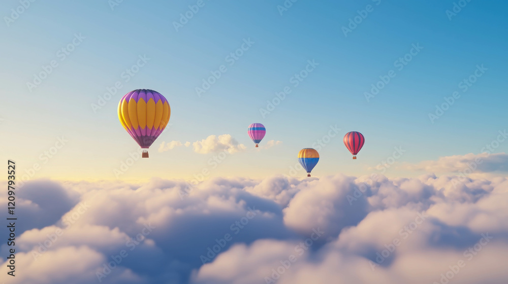 Fototapeta premium Hot Air Balloons Floating Above Colorful Clouds in a Dreamy Cityscape Environment