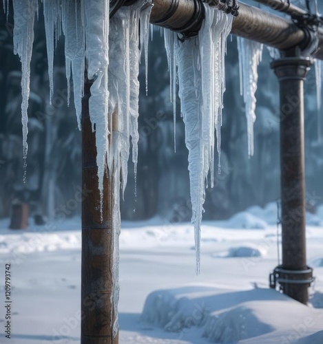 Frozen industrial pipeline with icicles hanging, cold spell, danger, snow drifts, icy path