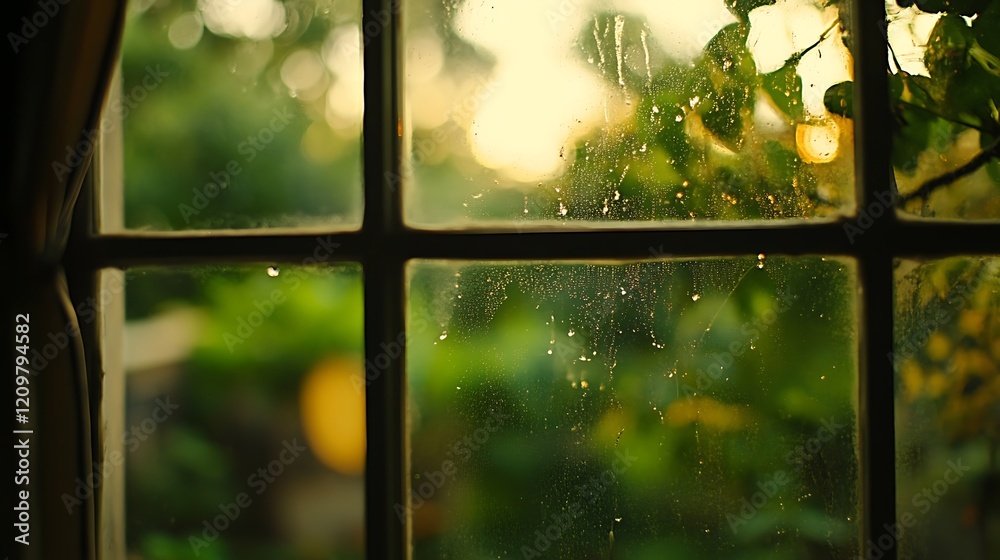Naklejka premium A Rainy Day View Through a Dusty Window Pane