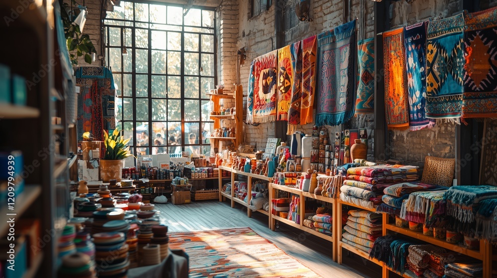 Obraz premium Colorful Artisan Market Display with Textiles and Handcrafted Goods