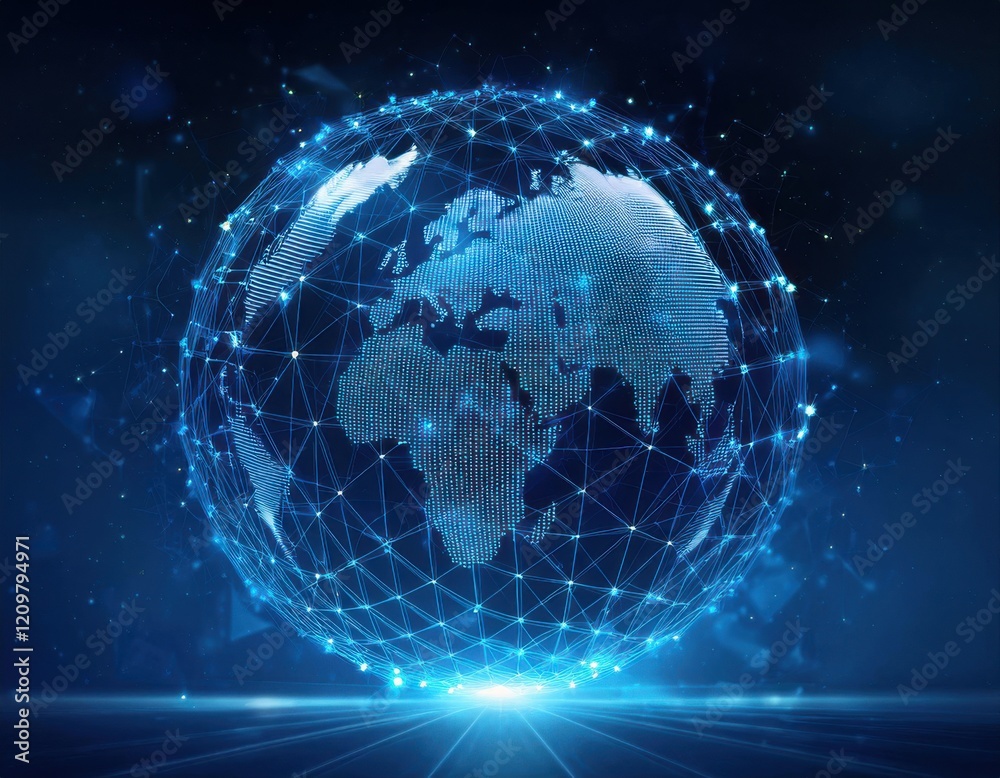 Floating blue plexus geometric. Blue futuristic background with planet Earth shape Floating blue plexus geometric. Blue futuristic background with planet Earth shape