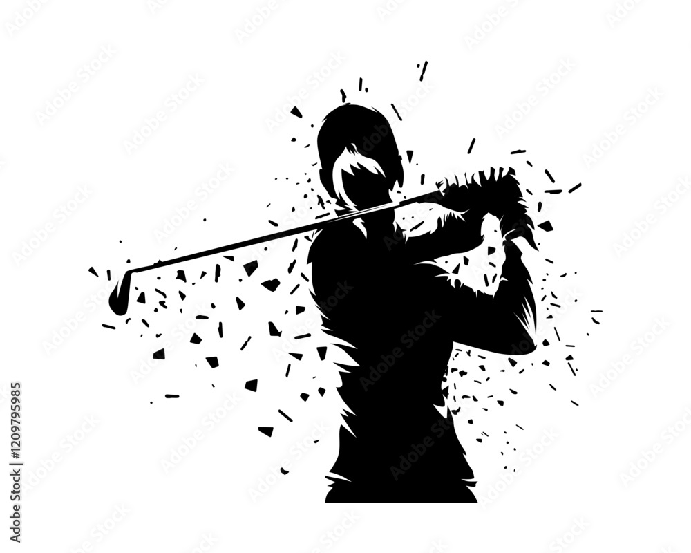 Golf woman, female golfer logo, isolated vector silhouette with dispersion effect. Golf swing clip art