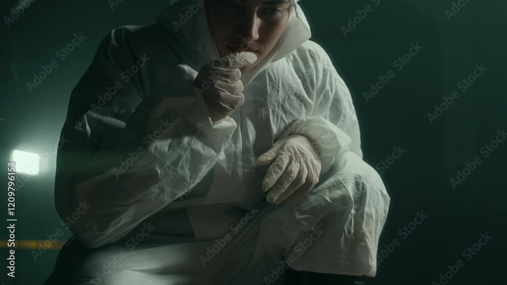 Tilt up lowkey shot of young Caucasian female forensic expert in protective overalls inspecting pool of victim blood on floor at crime scene, rubbing it with fingers in gloves and analyzing evidence