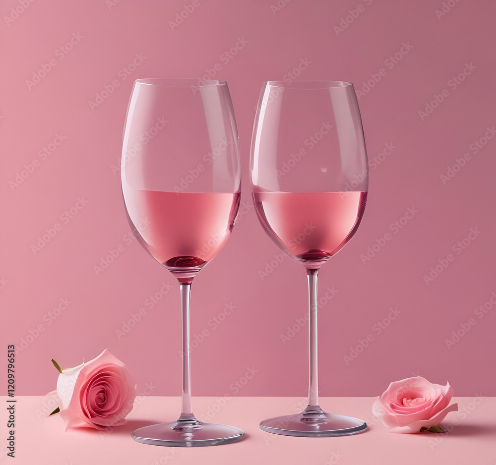 two glasses of red wine with flowers on light pink plane background valentine day event or party enjoying lovers party moments  