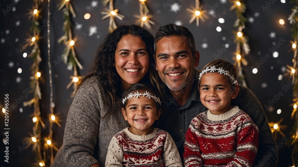 Australian family enjoying a festive gathering with holiday decorations, smiling together in a cozy indoor setting during a warm evening
