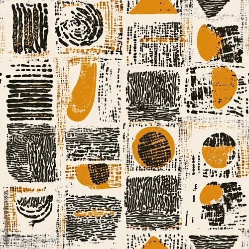 Seamless pattern, Artistic abstract design featuring black textured lines and...