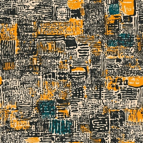 Seamless pattern, Artistic abstract design featuring black textured lines and...